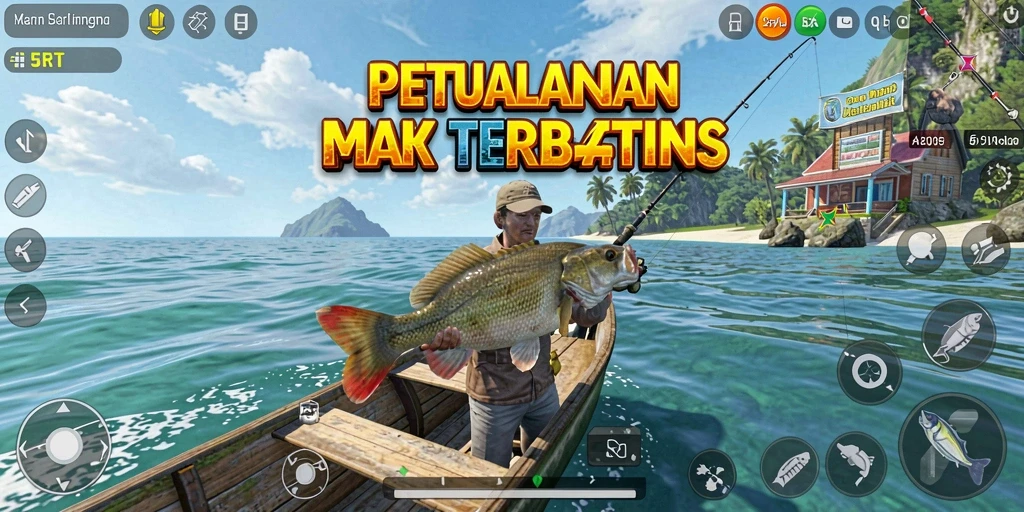 Screenshot gameplay menunjukkan pemain menangkap ikan besar di laut.