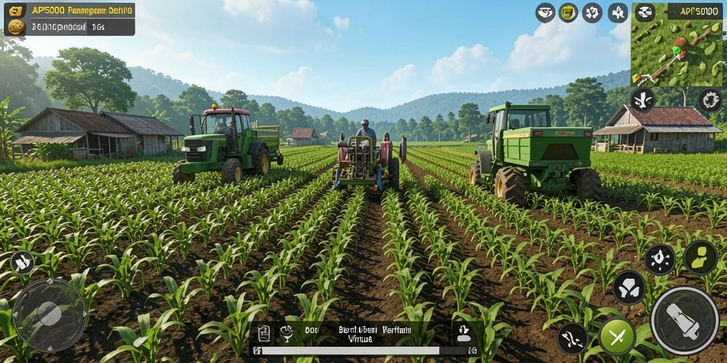 Screenshot menarik dari gameplay API5000 dengan suasana pertanian yang indah.