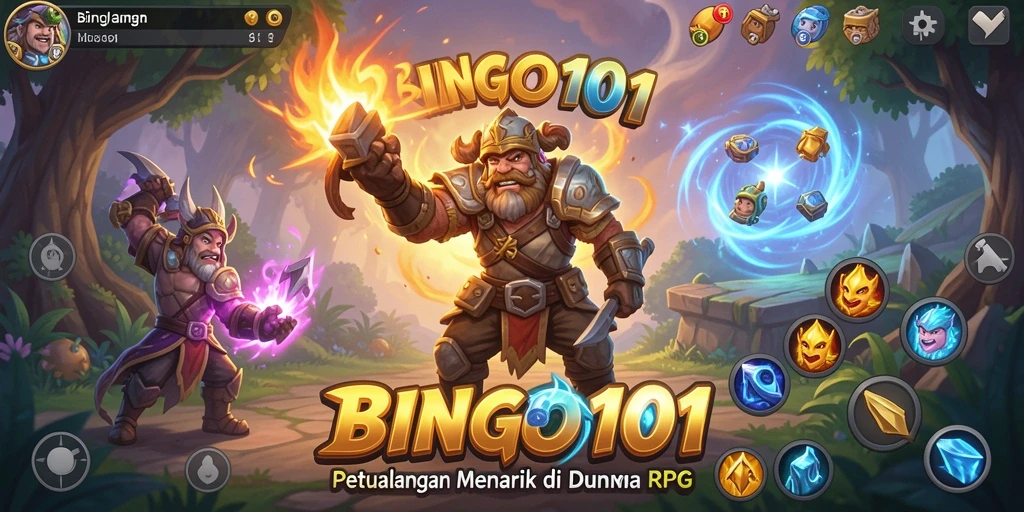 Tangkapan layar BINGO101 menampilkan karakter dalam pertempuran epik di dunia RPG.