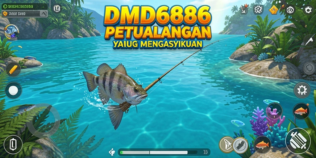 Screenshot DMD686 menampilkan pemain yang sedang memancing di danau yang indah.