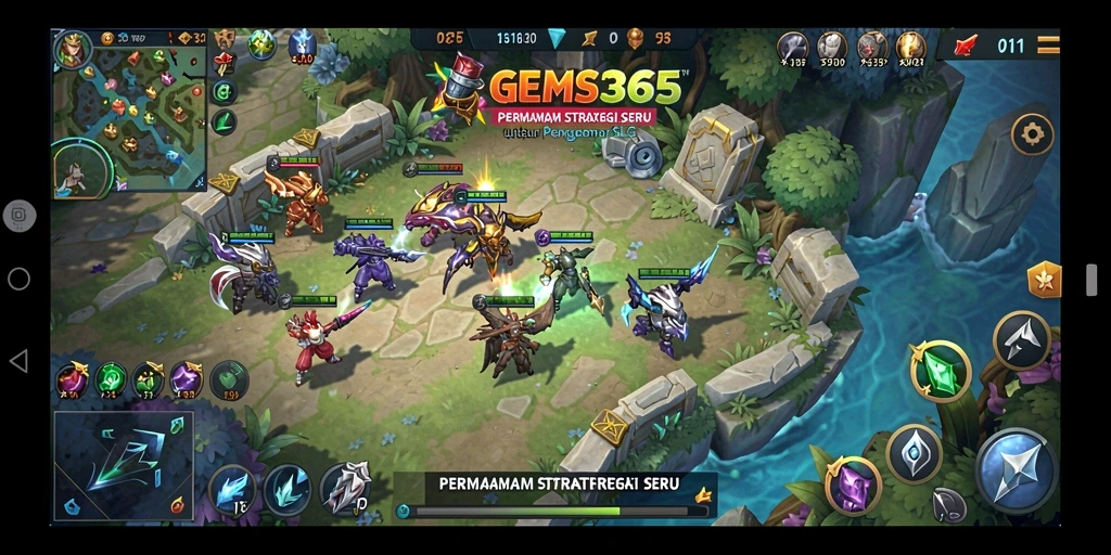 Gameplay GEMS365 yang menampilkan strategi dan pertempuran epik.