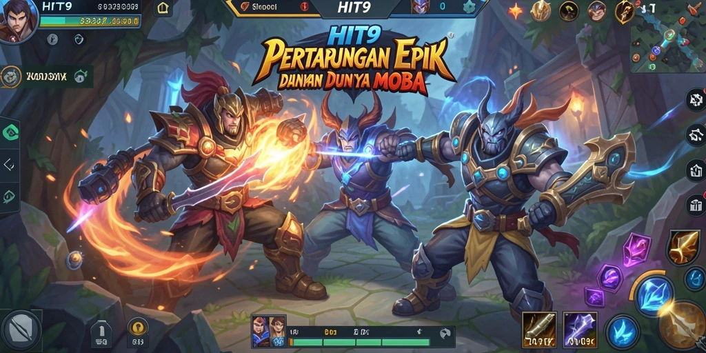 Screenshot HIT9 menampilkan aksi pertarungan tim yang intens dalam permainan MOBA.