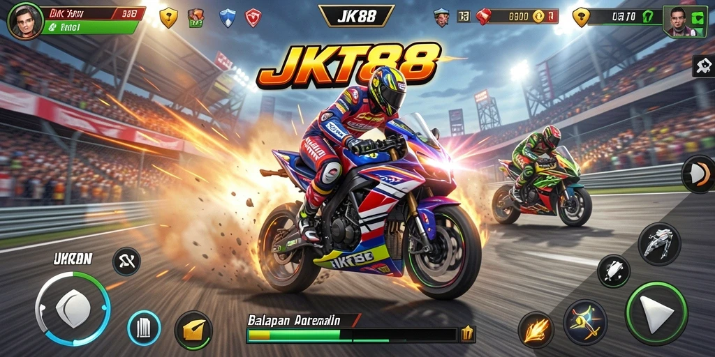 Tampilan utama gameplay JKT88 dengan aksi balapan motor yang mendebarkan.
